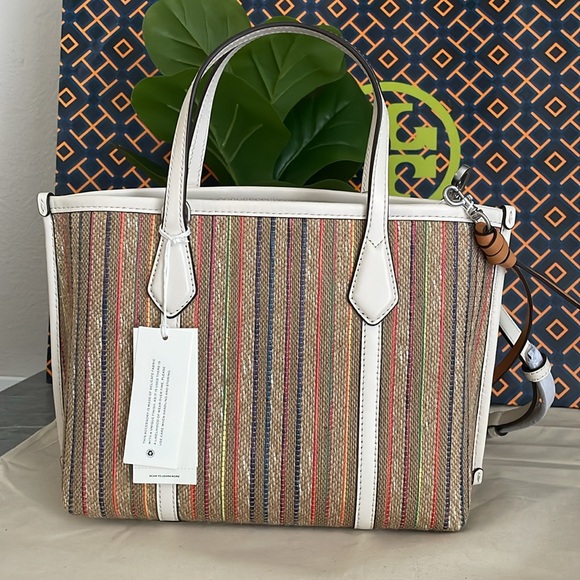 New✨tory burch perry raffia stripe triple compartment small tote - Picture 10 of 15